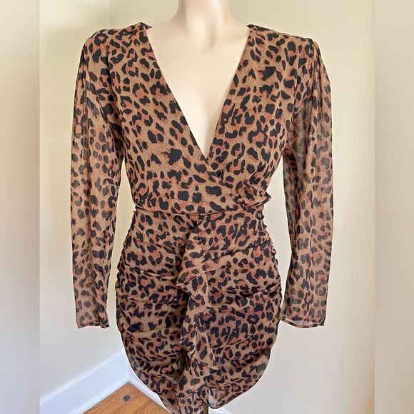 Zara Leopard Print Long Sleeve Ruched Wrap Mini Dress Size M Bodycon - Picture 1 of 7